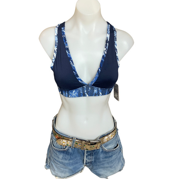 Splendid Blue Sports Bra XS Python Plunging Strappy Back Medium Support NEW - Picture 3 of 8